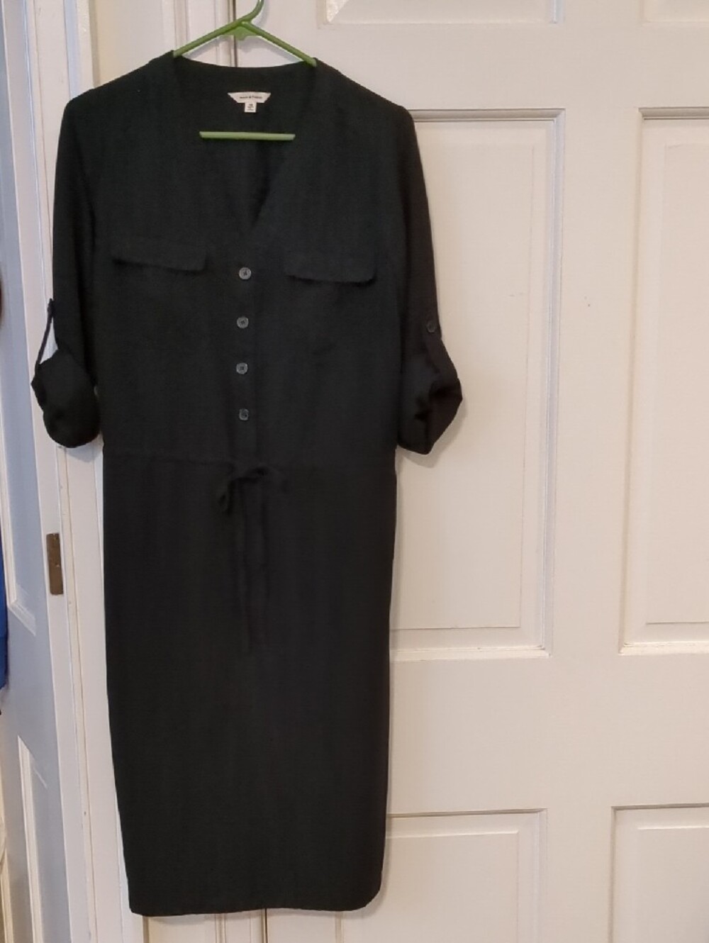 Max Studio Button-Front Drawstring Black Shirt Dress XS Rayon Poly Blend Woven